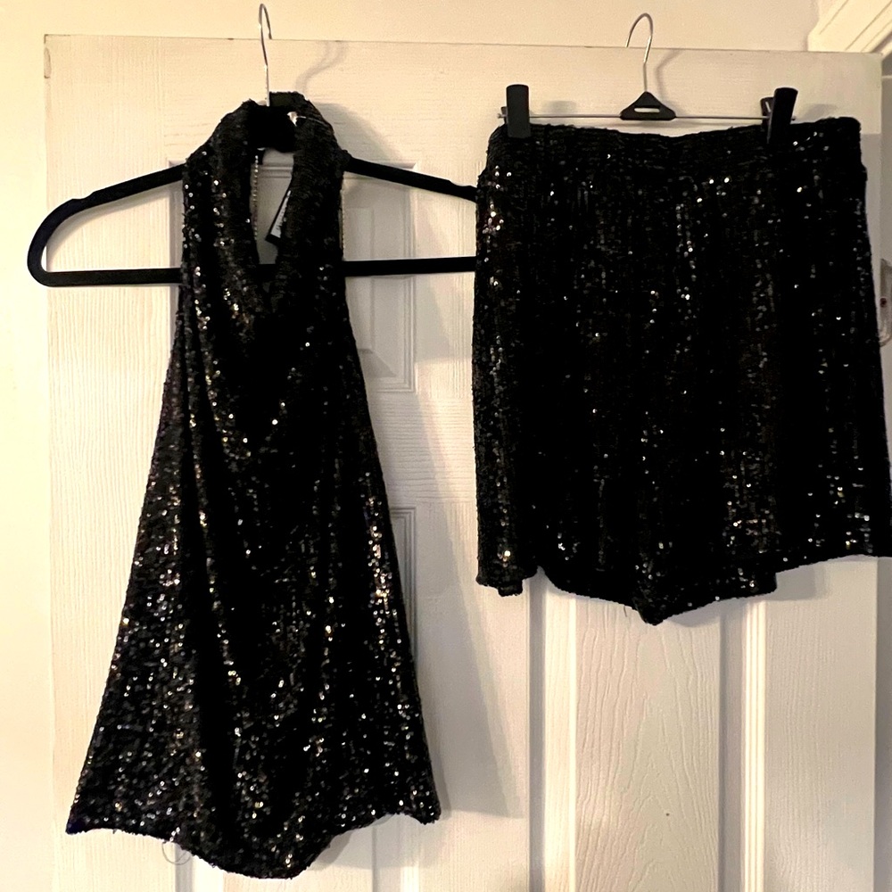 Sequin Black Halter and Shorts Set